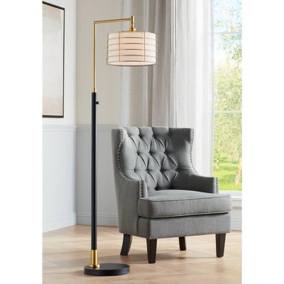 Elegant Arc Floor Lamp with Warm Gold and Black Metal, Linen Shade