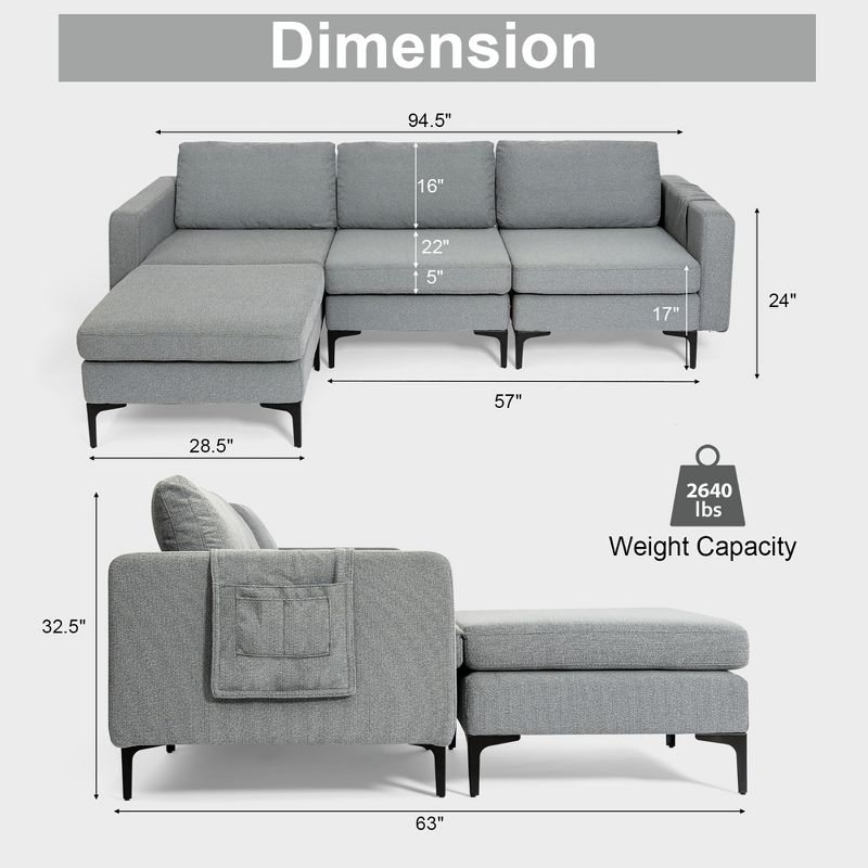 Costway Modular L-shaped 3 Seat Sectional Sofa w/ Reversible Chaise & 2 USB Ports, 4 of 11