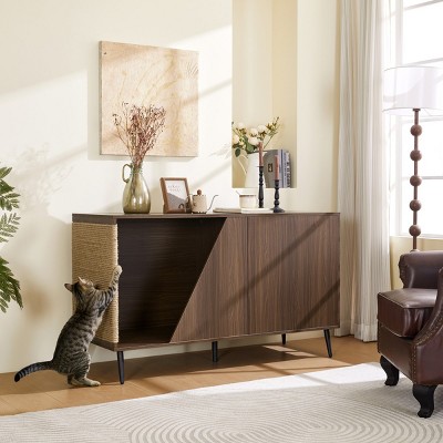 LAOTIES Furniture-Style Wooden Cat House with Storage,Modern Cabinet,Indoor Enclosed Cat Shelter with Sisal Scratcher And Spring-Loaded Door