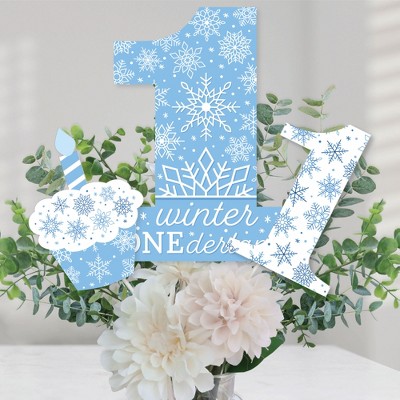 Big Dot of Happiness Blue Snowflakes 1st Birthday - Boy Winter ONEderland Party Centerpiece Sticks - Table Toppers - Set of 15