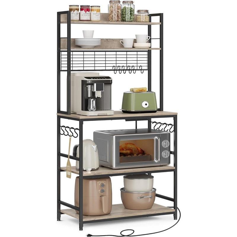 VASAGLE Hutch Bakers Rack with Power Outlet, 14 Hooks Microwave Stand, Adjustable Coffee Bar with Metal Wire Panel, Kitchen Storage Shelf, 1 of 10
