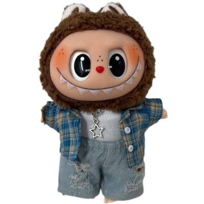 Doll Clothes Superstore Trendy Street Style: Ripped Jeans, Plaid Shirt & Necklace for 17.5 Labubu Dolls