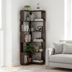Homy Casa 6-Tier Engineered Wood Corner Bookshelf, Modern Space-Saving Display Storage Rack for Living Room, Bedroom & Office - 1 of 4