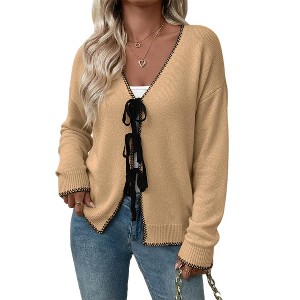 Women's Color Block Tie Front Cardigan, Contrast Trim Open Front