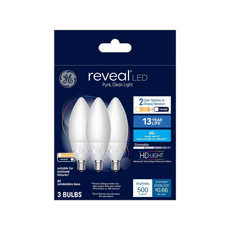 GE 3pk 5.5 Watts Color Select Warm White or Reveal Candelabra Base Reveal LED Decorative Light Bulbs, 1 of 7