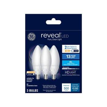GE 3pk 5.5 Watts Color Select Warm White or Reveal Candelabra Base Reveal LED Decorative Light Bulbs