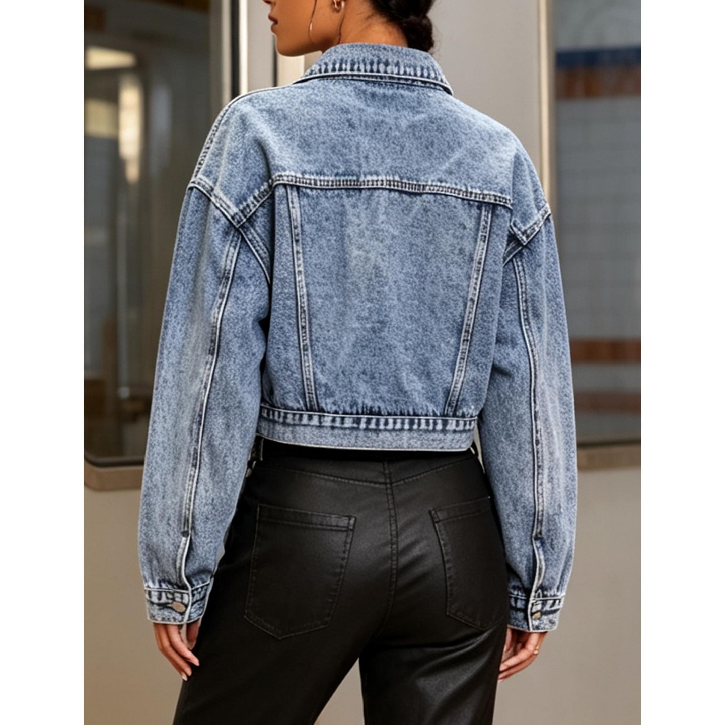 Женская куртка YesFashion Women Cropped Denim Jacket Lapel Collar Button‑Down Short Jean Coat Vintage Loose Fit Outerwear, L, Blue, цвет: Джинсовый — фото 4