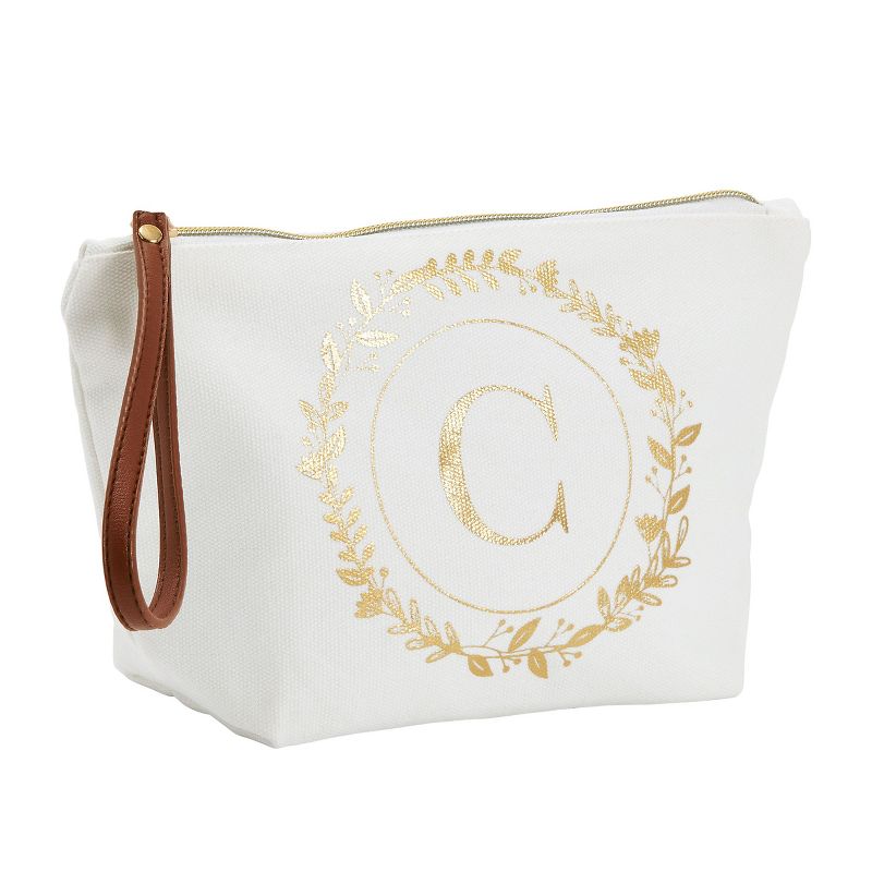 Gold Initial C Personalized Makeup Bag for Women, Monogrammed Canvas Cosmetic Pouch (White, 10 x 3 x 6 In), 1 of 9