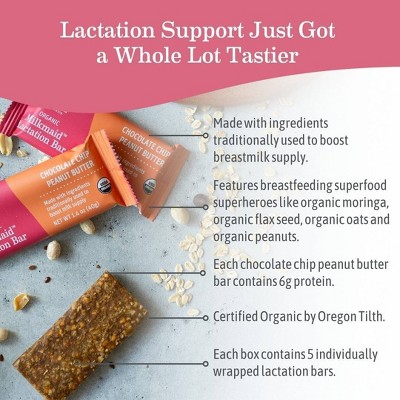 Earth Mama Organic Milkmaid Lactation Bars for Breastfeeding, Chocolate Chip Peanut Butter Cookie - 5ct