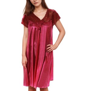 YafeMarte Women’s Silky Satin Feeling Cap Sleeves with Lace Detail and Bow Design Nightgown - 1 of 4