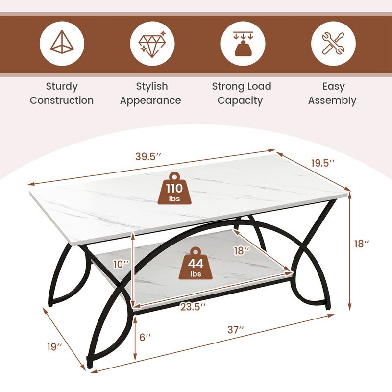 Costway 2-Tier Industrial Coffee Table Rectangular Cocktail Table with Storage Shelf Rustic Brown/Dark Brown/White, 3 of 11