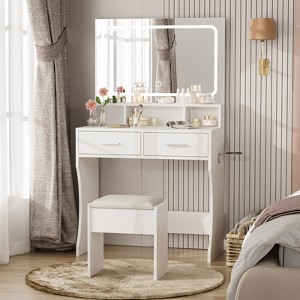 Vanity Desk Set with 31.5" Large LED Mirror and Lights, Makeup Vanity Table with 2 Drawers, Stool, Power Outlet, 3 Color Lighting Modes for Bedroom - 1 of 4