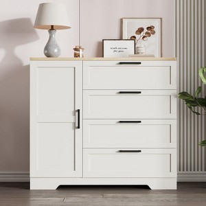 43.3" H Armoire Wardrobe Closet with 4 Drawers & Hanging Rod, Multifunctional Wood Storage Cabinet for Bedroom, White - 1 of 4
