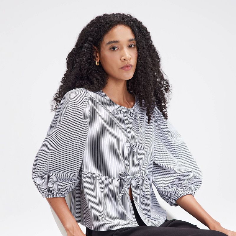 Women's Puff 3/4 Sleeve Tie-Front Blouse - A New Day™ Black Striped XS