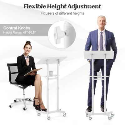 White Adjustable Mobile Podium with Storage Tray and Casters