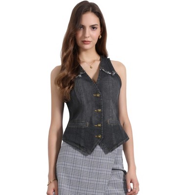 INSPIRE CHIC Women's Denim Sleeveless Collarless Washed Distressed Jean Vest