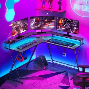 Greenstell L-Shaped Desk 50.4 inch - Carbon Fiber Surface with LED Light & Power Outlets, Gamer Table with Monitor Stand & Headphone Hook - 1 of 4