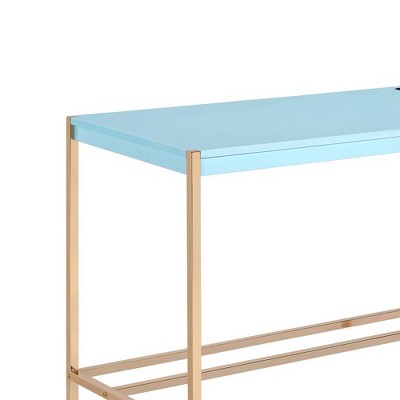 Elegant Baby Blue & Gold Writing Desk with USB & Filing Cabinet