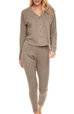 ADR Women's Pajamas Set, Soft Ribbed Knit Waffle Pajamas Lounge Set, Long Sleeve Drop Shoulder V-neck Top and Leggings PJ Pants