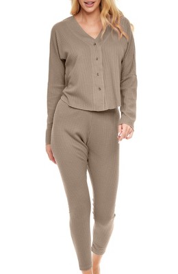 Adr Women's Ribbed Knit Pajamas Set, Button Down Drop Shoulder Top Thermal  Underwear Leggings Beige Large : Target