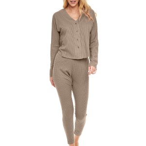 ADR Women's Pajamas Set, Soft Ribbed Knit Waffle Pajamas Lounge Set, Long Sleeve Drop Shoulder V-neck Top and Leggings PJ Pants - 1 of 4