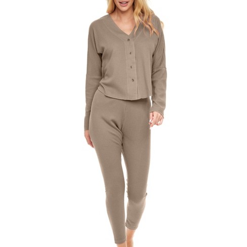 Adr Women's Ribbed Knit Pajamas Set, Button Down Drop Shoulder Top Thermal  Underwear Leggings Beige Large : Target