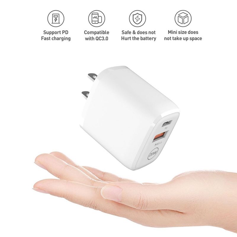 20W PD Dual Ports Travel Wall Charger Adapter Fast Charging with 4FT USB-C to Type-C Cable, 2 of 5