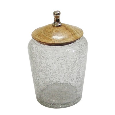 Large Crackle Glass Canister with Wooden Lid Clear - Nu Steel