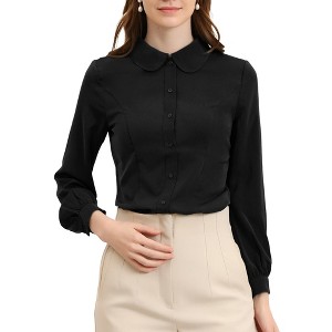 Allegra K Women's Work Peter Pan Collar Long Bishop Sleeve Button Down Shirt - 1 of 4