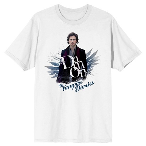 Vampire Diaries Damon Salvatore White Letters Men's White T