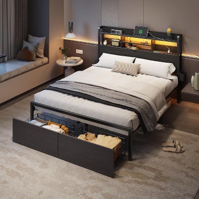 Furnulem Full Size Bed Frame with Wood Headboard Metal Platform Bed Frame Full Size with 2 Storage Drawers and Shelf LED Light No Box Spring Needed