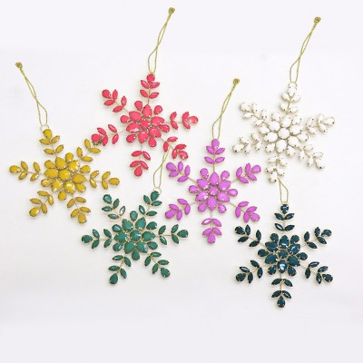 6-Piece Multicolor Beaded Snowflake Ornament Set with Gold Wire Frame
