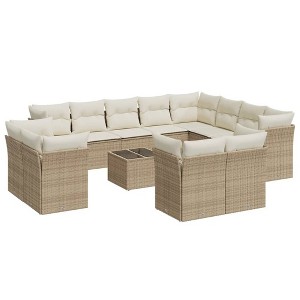 vidaXL 13 Piece Patio Sofa Set with Cushions Beige and Cream Poly Rattan - With Table - 1 of 4