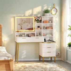 LED Lighted Vanity Desk with Power Outlet - 5 Drawers, Fluted Design, HD Mirror, Tempered Glass Top, Solid Wood Legs - 1 of 4