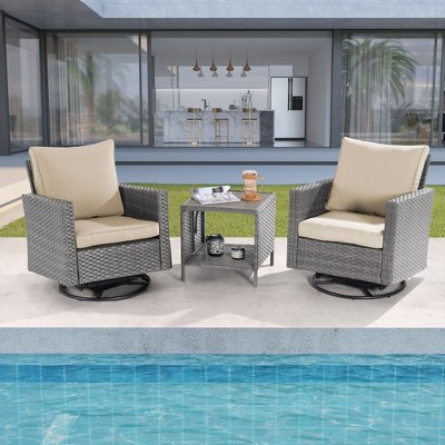 Sonkuki 3-Piece Patio Chair Set Brown Rattan Swivel Rocking Chair Set Coffee Table Suiting Backyard