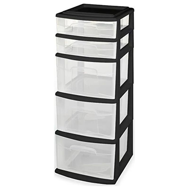 Homz Plastic 5 Clear Drawer Medium Home Organization Storage Container Tower with 3 Large Drawers and 2 Small Drawers, Black Frame, 1 of 9