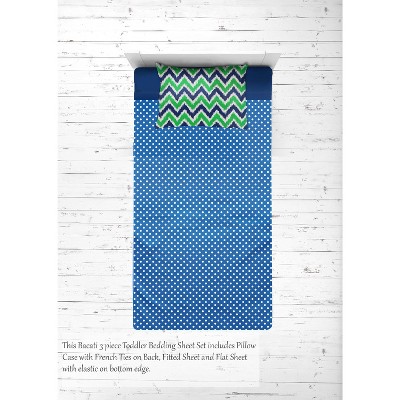 Bacati - MixNMatch Navy Green Chevron Dots 3 pc Toddler Sheet Set