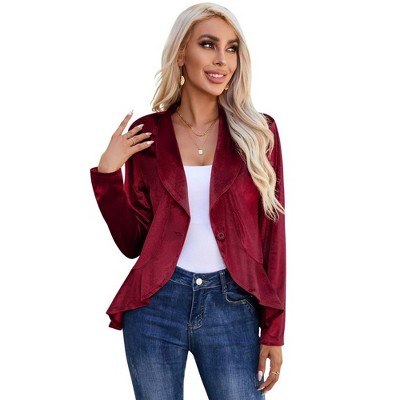 Womens Long Sleeve Velvet Blazer Jacket Suit Open Front Ruffle Work Office Cardigan Coat