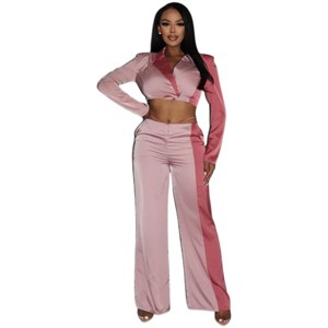 Slickblue Women’s Colorblock Crop Blazer & Low Rise Wide Leg Pant Set – Blush/Blue, Stylish & Functional, S-L - 1 of 4