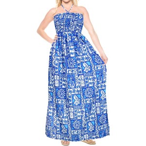 LA LEELA Women's House Daily Routine Evening Wear Boho Maxi Dress Smocked Top Evening Long Strapless Tube Dresses for Women One Size Blue, Floral - 1 of 4