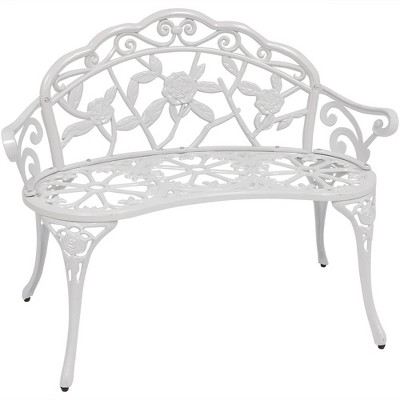 Sunnydaze 2-Person Classic Rose Design Cast Aluminum Outdoor Garden Bench, White