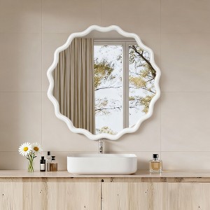 Wooakway 30" Wavy Round Mirror Natural Wood/White/Yellow Brown Frame Modern Decorative Wall Mirror for Living Room Bedroom Bathroom Entryway - 1 of 4