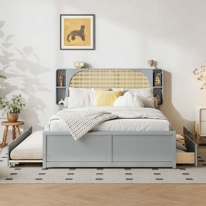 Queen Size Platform Bed with Rattan Headboard, Two Drawers and Trundle - 1 of 4