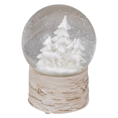 Northlight 5" White Reindeer and Christmas Tree Snow Globe on Birch Base