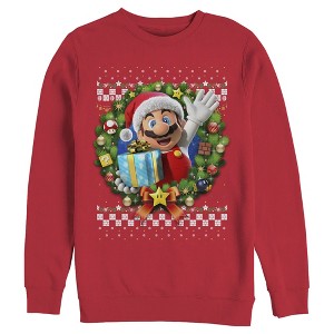 Men's Nintendo Ugly Christmas Mario Wreath Sweatshirt - 1 of 3