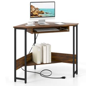 Costway Triangle Corner Computer Desk w/ Charging Station Keyboard Tray & Storage Shelf