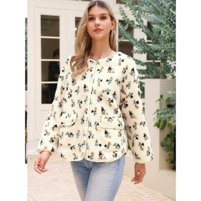 INSPIRE CHIC Women's Vintage Floral Print Winter Warm Long Sleeve Faux Shearling Collarless Button Down Fleece Jacket Large Beige — фото 4