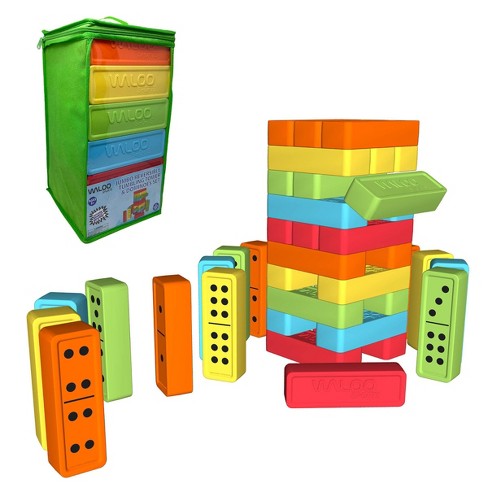 Colored Wooden Building Block Dominoes, Tumbling Tower Game with 2 Dice (48  Pieces)