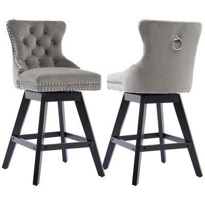 SKRAN Velvet Swivel Bar Stools, Upholstered Counter Chairs Set of 2, with Rivet Trim, Solid Wood Legs and Button Tufted Back for Dining Room and Bar