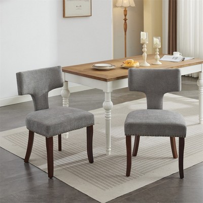 Mid-Century Modern Dining Chairs Set Of 2, Farmhouse Linen Fabric Upholstered Accent Chair with Curved Backrest & Copper Studs Around, Hardwood Frame